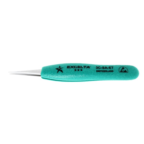 Excelta 3C-SA-ET Straight Very Fine Precision Pointed Tweezers, Ergo-Tweeze TealShield