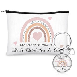 Xuniea Gift for Best Friend Keyring for Girlfriend Friendship Makeup Bag Keyring with Text Portable Toiletry Bag with Zip Cosmetic Bag, White