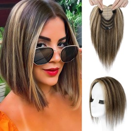 REECHO Human Hair Toppers for Women Real Human Thick Hair Topper Invisible Wiglett for Daily Wear Adding Instant Volume, Chestnut Brown with Highlights