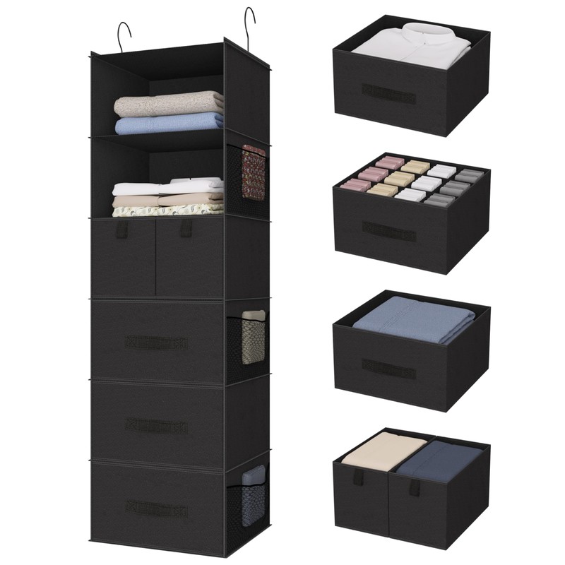 Bosuelife 6-Shelves Hanging Closet Organizer with 5 Different Drawers, Foldable
