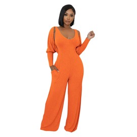 Fastkoala Women's Casual 2 Piece Outfits Ribbed Knitted Cardigan Tank Flare Pants Sweatsuits Vacation Jumpsuits With Pocket Orange L