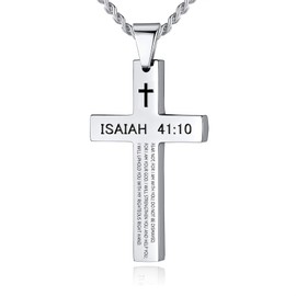 REVEMCN Inspirational Bible Verse Cross Necklace for Men Boys, Stainless Steel Plain Black Silver Cross Pendant Necklace for Men 20-24 Inches Curb Chain Faith Jewelry Gift (Isaiah 41:10 - Silver, 20)