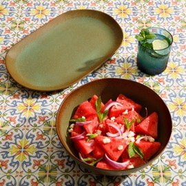 Bloomhouse - Oprah's Favorite Things - Palermo Sun 2 Piece Serving Bowl and Oval Platter Stoneware Reactive Glaze Serveware Set - Cardamom Green