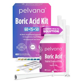 Pelvana Boric Acid Suppositories for Women 60 + 15 Applicators + 50 pH Test Strips, Total of 125 Piece Kit for Vaginal Odor - Third-Party Verified & Bottled in The USA - Feminine Health Odor Solution