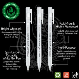 MARTCOLOR White Gel Pens, 1.0mm Fine Point Opaque Archival Ink Pen for Black Paper Drawing, Art Highlight, Illustration, Bullet Journaling, Card Making & DIY Projects, 3 Pack