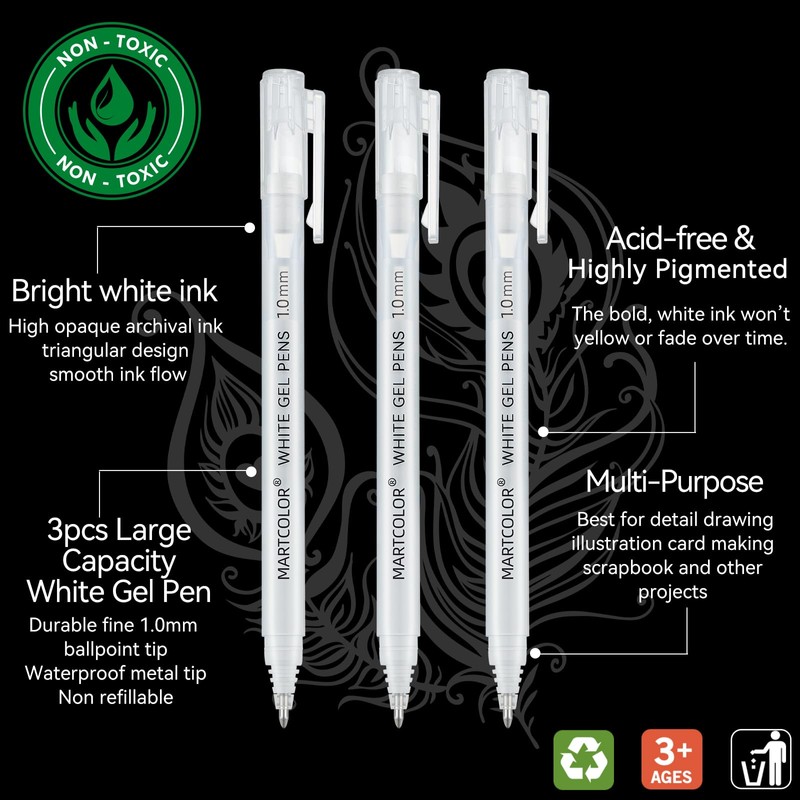 MARTCOLOR White Gel Pens, 1.0mm Fine Point Opaque Archival Ink