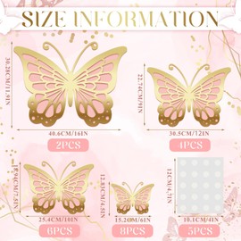 Kigeli 20 Pcs Giant Butterfly Party Decorations 4 Sizes Butterfly 3D Centerpieces Gold Wall Decor Paper Cutouts for Baby Shower Wedding Party Room(Gold and Pink)
