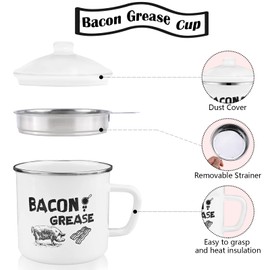 BokingOne Bacon Grease Container with Strainer, 1.2L/42oz Large Stainless Steel Cooking Oil Container With Lid & Spoon, White Enamel Bacon Grease Keeper for Bacon, Kitchen Cooking or Frying Oil