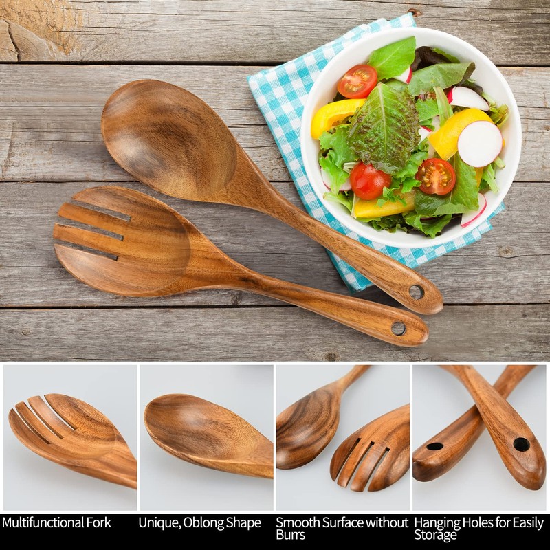 Salad Servers, Wood Salad Tongs, 10.2in Salad Spoon and Fork