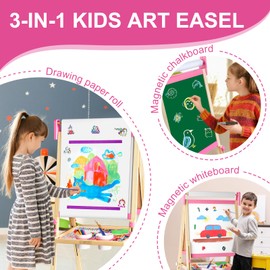 Easel for Kids Toys,Adjustable Wooden Toddler Art Easels, Girls Toys for Ages 5-7,8-13,Magnetic Dry Eraser White Board and Chalk Board with Art Supplies,Kid Easel 4 5 6 7 8 9 10 Year Old Girl Gifts
