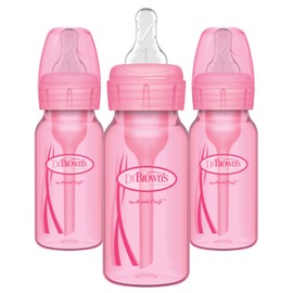 Dr. Brown's Anti-Colic Options+ Baby Bottles, 4 oz/120 mL, with Level 1 Slow Flow Nipple, Pink, 3 Pack, 0m+