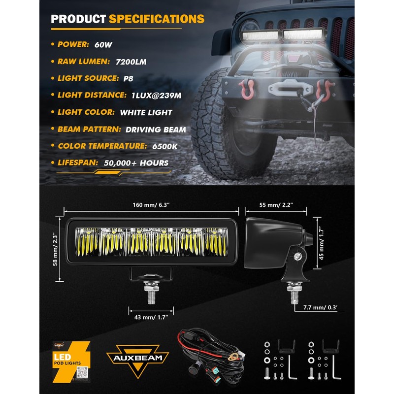 Auxbeam R4 60W LED Light Pods, 6.3 inch Square Offroad