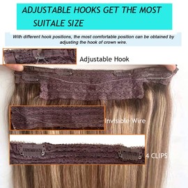 Wire Hair Extensions Real Human Hair, Wire Hair Extensions, Blonde Ombre Balayage Chocolate Brown to Caramel Blonde Highlights 18inch 80g Straight Hairpiece Clip in Extensions with Invisible Fish Line
