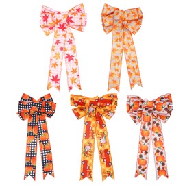 Aroncent Thanksgiving Fall Bow Set: 5 Pack Maple Leaf Pumpkin Bows for Thanksgiving Decorations - Door Wreath Indoor Decor