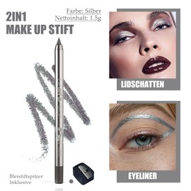 Silber Gel Eyeliner - Metallischer Glitzer Kajalstift Wasserfest & Wischfest - Langanhaltend Eyelinerstift mit Anspitzer - Hochpigmentierte Lidschattenstift - Cremige Glatt Textur - Leicht Aufzutragen