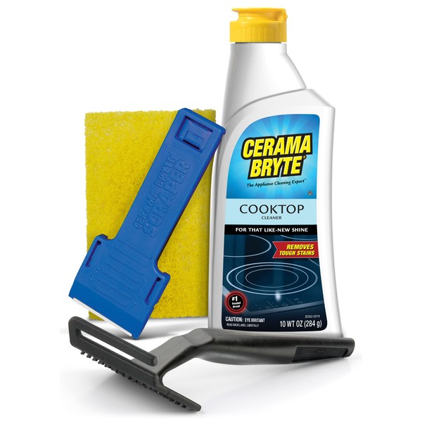 Cerama Bryte Combo Kit POW-R Grip, Scraper, Pad & Removes Tough Stains Cooktop and Stove Top Cleaner for Glass - Ceramic Surfaces, 10 Ounces, 4 Piece