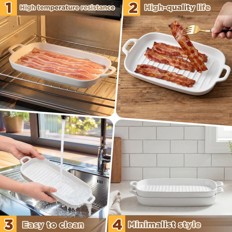 2 Pack Microwave Bacon Tray Ceramic Cooker with Drip Rack,