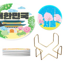 [TRIEPORANG] Korean Gifts, Korean Souvenirs,Korean Design Drink Coasters, Set of 4, Traditional Palace and Seoul Tower Theme, Round Shape with Cork Base,