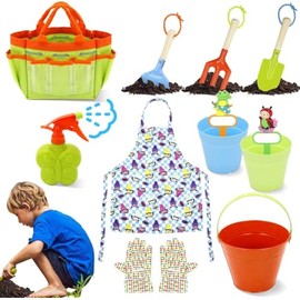 Kids Gardening Set,12 PCS Toddler Gardening Set Include Tote Bag,Rake, Fork,Shovels,Apron,Toddler Gardening Gloves and Kids Watering Can,Kids Gardening Tools Gift,Green