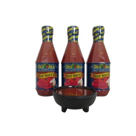 The Stocked Pantry Pico Pica Hot Sauce, 15.5oz (Pack of 3) Bundle with Carlisle 3 oz Melamine Molcajete Salsa Dish, Black, Red