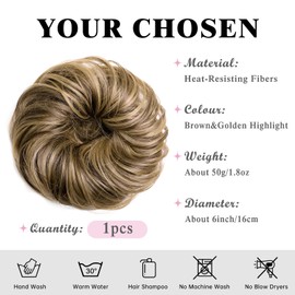 XIXISNOW Women's Messy Bun Hair Piece Synthetic Fake Bun Scrunchie Large Curly Buns Hairpieces Thick Instant Buns Ponytail Extensions for Updos, Chignons, Party and Daily Use Brown&Golden Highlight