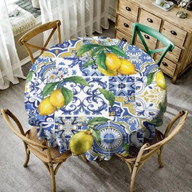 Blue Tiles Lemon Tablecloth, Autumn Fruit Traditional Floral Pattern Table Cover for Party Picnic Dinner Decor, Round(60x60in)