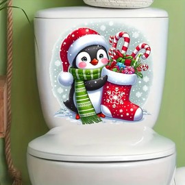 Christmas Penguin Socks Umbrella Hook Toilet Cover Sticker Decals,Fish Bird Flower Leaf Waterproof Toilet Lid Tank Seat Decals Cistern Self-Adhesive Bathroom Wall Sticker