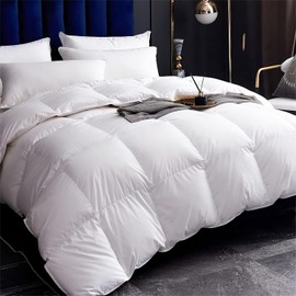 All-Season Down Comforter Duvet Insert: Oversized King Size Quilt 100% Organic Cotton Cover - Fluffy 750 Fill-Power Down Feather Fibers Filled - Medium Warm Ivory White 120x98 Inch