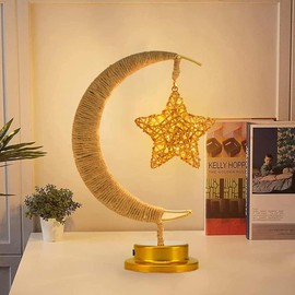 Moon Lamp, Moon Night Light with Hanging Star Lights, Enchanted Lunar Lamp Ramadan Lights Battery Operated & USB Powered, Crescent Moon Small Table Lamp for Bedroom Home Eid Ramadan Decor (Warm)