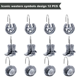 Western Shower Curtain Hooks Rustic Farmhouse Shower Curtain Rings for Western Cowboy Bathroom Decor Stainless Steel 12 PCS Silver