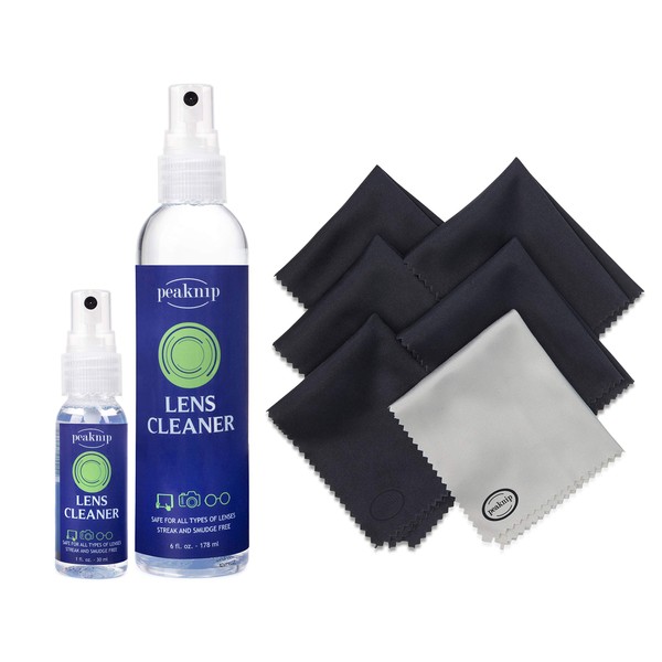 Peaknip Eyeglass Lens Cleaner Kit - 6 oz. Spray Bottle and 1 oz. Travel Spray Bottle + 6 Microfiber Cleaning Cloths - Safe for All Lenses, Eyeglasses and Screens