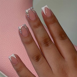 24Pcs White French Tip Press on Nails Short Square Fake Nails with 3D Rhinestone Designs Glossy Acrylic Glue on Nail Full Cover Artificial Stick on Nail Nude Pink False Nails for Women Girls Manicure