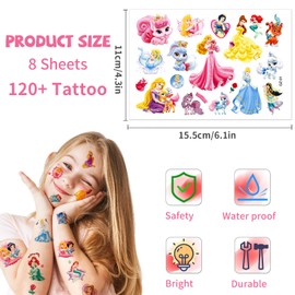 8 Sheets Princess Temporary Tattoo Sticker Set 180+ Princess Stickers, Children's Tattoos Skin-Friendly, Waterproof Children's Tattoos for Children Girls Birthday Princess Party Decor Gift