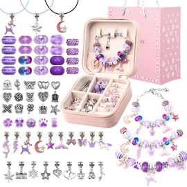 Charm Bracelet Making Kit - Girls 66 Pcs DIY Beaded Jewelry Making Kit, Girls Gifts Toys Crafts for Girls Ages 5 6 7 8-12, with a Portable Bracelet Organizer Box(Purple)