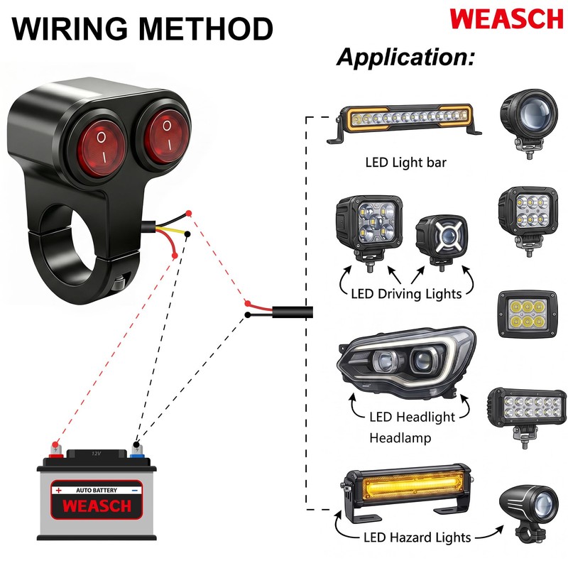 Weasch Universal Dual 7/8" 22mm Motorcycle Handlebar Switch, 12V Waterproof