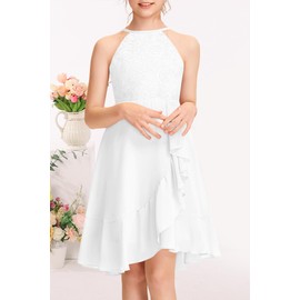 MITILLY Girls Lace Flower Ruffle Dress Chiffon Halter A Line High Low Flowy Junior Bridesmaid Dresses for Wedding Party 12 Years White