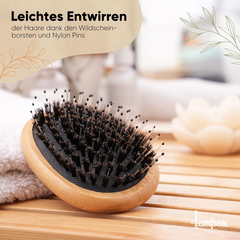lampox - Bamboo Hair Brush with Boar Bristles Head Massage