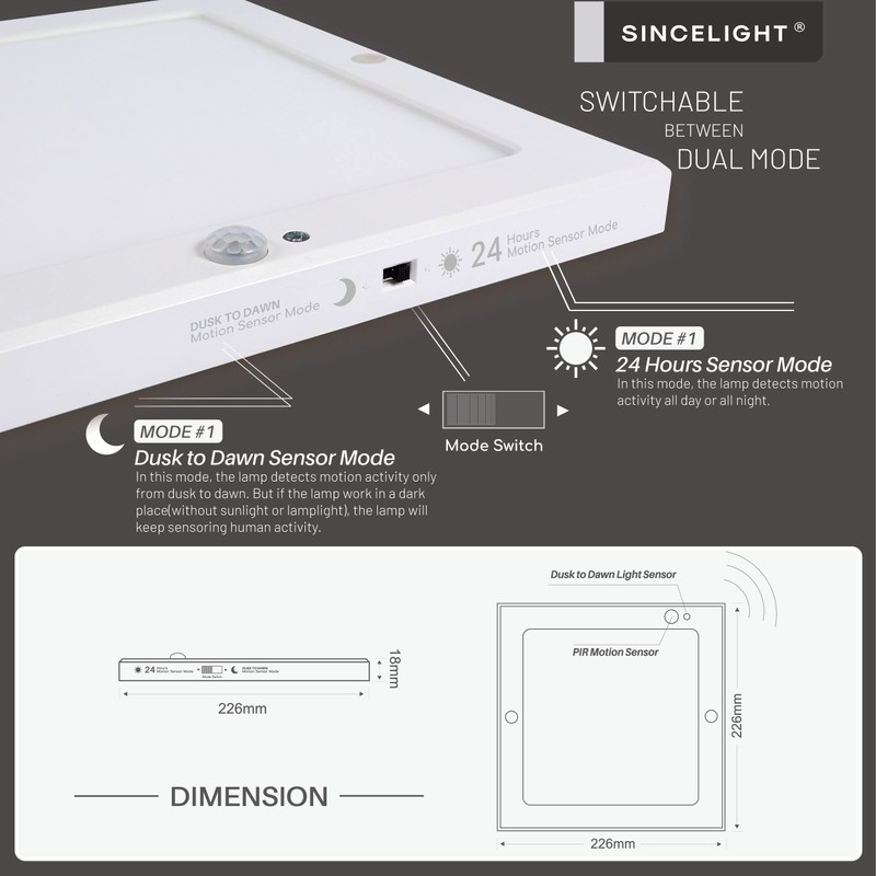 SINCELIGHT PIR LED Motion Sensor Ceiling Mounted Light Fixture, 18W