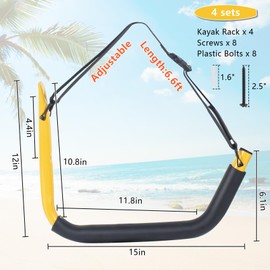 DEDU Kayak Storage Rack, Kayak Wall Mount Hangers 4 Pack, Paddle Board Holder Wall Mount Kayak Storage Hooks 15 Inch with Lashing Straps for Hanging Canoe Surfboard Snowboard Ladders Bikes (Yellow)