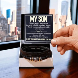 Jewelayer To My Son Braided Leather Bracelet for Men From Mom, Gifts From Parents, Meaningful Birthday Gift with Heartfelt Message, Men’s Bracelet For Son (Two Tone Box)