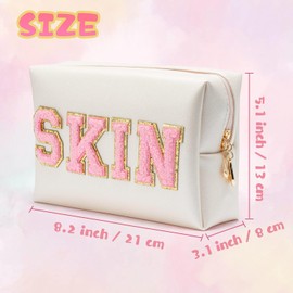 EGuangwiua White Pink Skin Letter Small Toiletry Bag PU Leather Portable Waterproof Makeup Cosmetic Bag Daily Use Storage Purse Travel Compliant Bag Women Girl Birthday Gift Spring Summer Party Supply