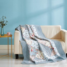 Cozyholy Original 100% Cotton Patchwork Quilt Twin Size Blue Floral Bedspread Coverlet Reversible Vintage Shabby Chic Quilted Throw Blanket Bed Quilt Cover for Couch Sofa