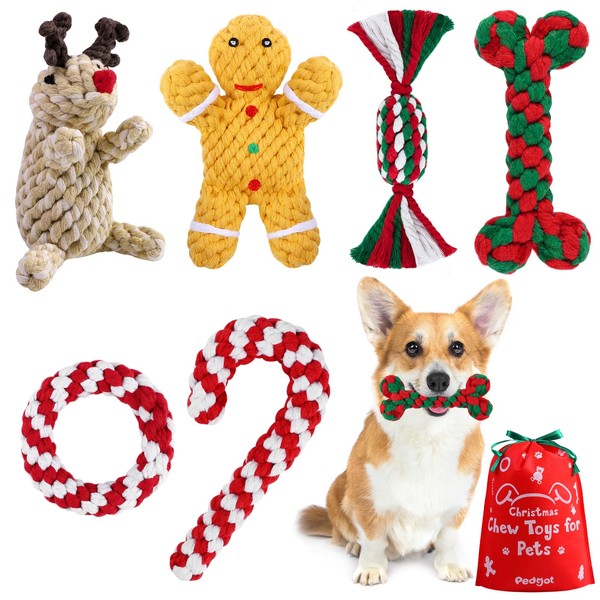 Pedgot Pack of 6 Christmas Pet Chew Toy Dog Rope Toy Chewing Training Toy with Candy Cane Bone Circle Gingerbread Elk Shape for Christmas Dog Puppy Pets Chewing and Playing