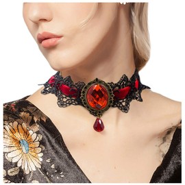 ETERNITY J. Retro Handmade Craft Lace Royal Court Vampire Choker Gothic Necklace Red Pendant Chain