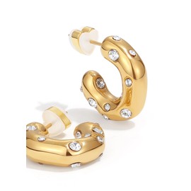 PANSTAR 18K Gold Plated Pearl C-shape Stud Earrings, Gold Vermeil Clear Cubic Zirconia Earrings, Valentines Day Gift for Her, Half Hoop Earrings for Women (Cubic Zirconia)