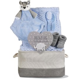 Hoolaroo Baby Gift Basket for Boys Blue Baby Hamper Newborn Deer Comforter Blanket Nappy Caddy Gift Set