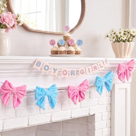 Hotop 6.5ft Pink and Blue Velvet Bow Garland Banner - 7 Large Bows