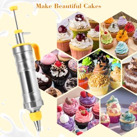 Icing Decoration Gun Set, Stainless Steel Dessert Decorating Syringe Set, Cupcake Frosting Filling Injector with 6 Icing Nozzles, 3 Cream Scraper, 2 Offset Spatula, 2 Nozzle Brush for Kitchen Baking