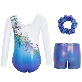 Gogokids Girls' Three-Piece Longsleeve Gymnastics Leotard Set - Kids Gymnastics Outfits with Gradient Sequin Design Includes Leotard, Shorts and Hair Tie, Sparkling Ballet Unitards for Ages 9-10