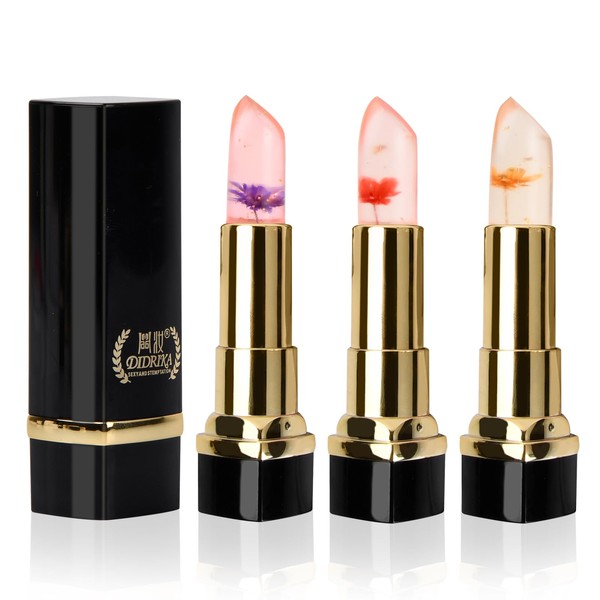 Natuce Set of 3 Colour Changing Lipstick with Temperature Change, Crystal Flower Jelly Lipstick Set, Magic Temperature Colour Changing Lipstick, Colour Change Lip Balm Durable Lip Gloss